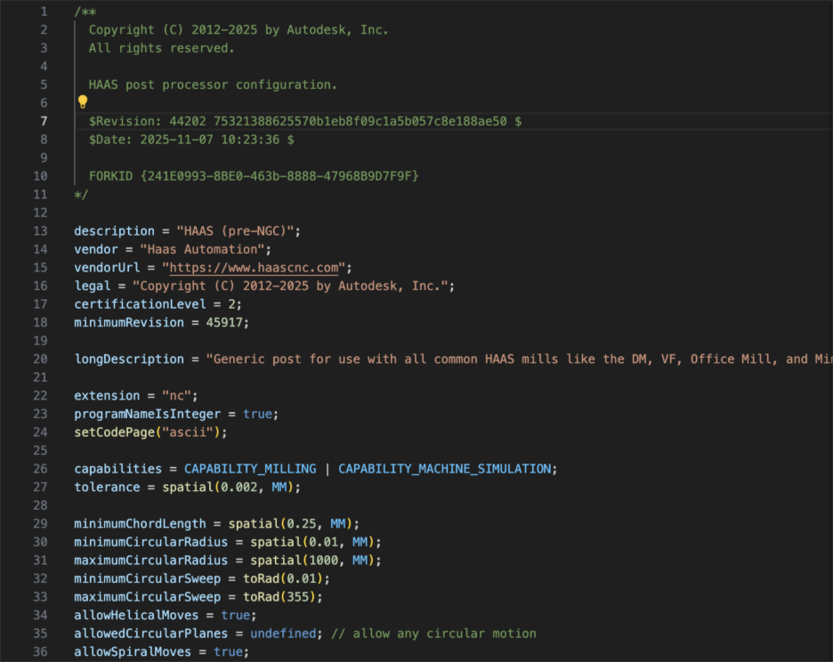 Text editor showing post processor JavaScript code with syntax highlighting