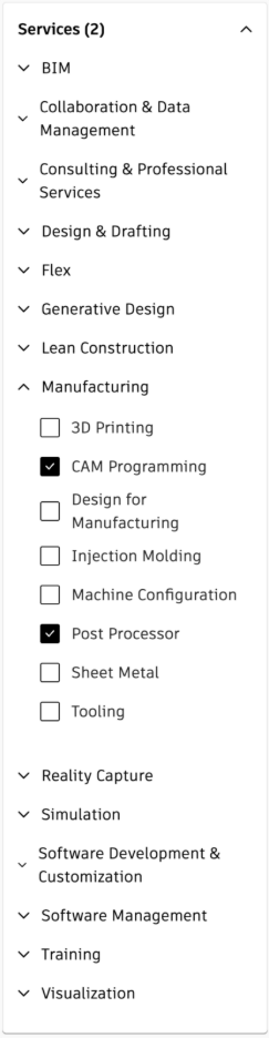 Filter options when finding a service on the Autodesk Partner Finder