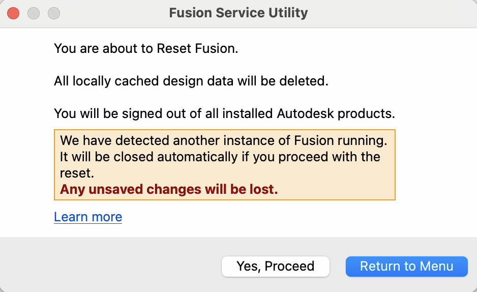Reset dialog in Autodesk Fusion