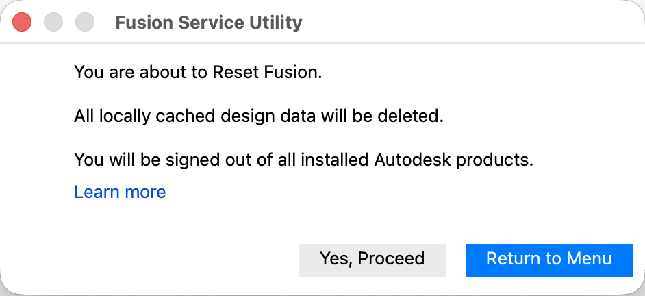 You are about to Reset Fusion dialog in Autodesk Fusion