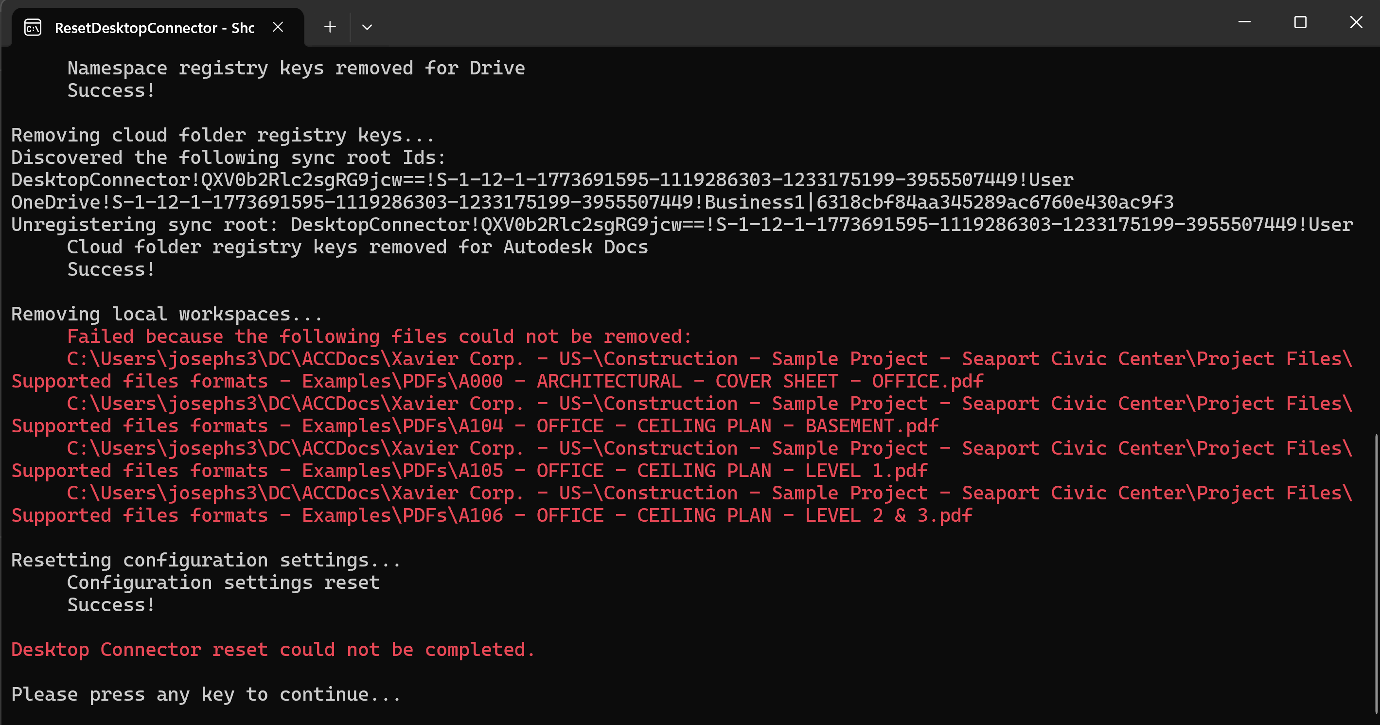 "Desktop Connector reset could not be completed" when resetting Desktop ...