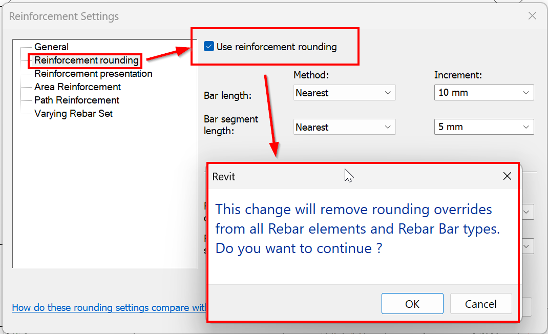 Reinforcement rounding settings not applied correctly on rebars in Revit