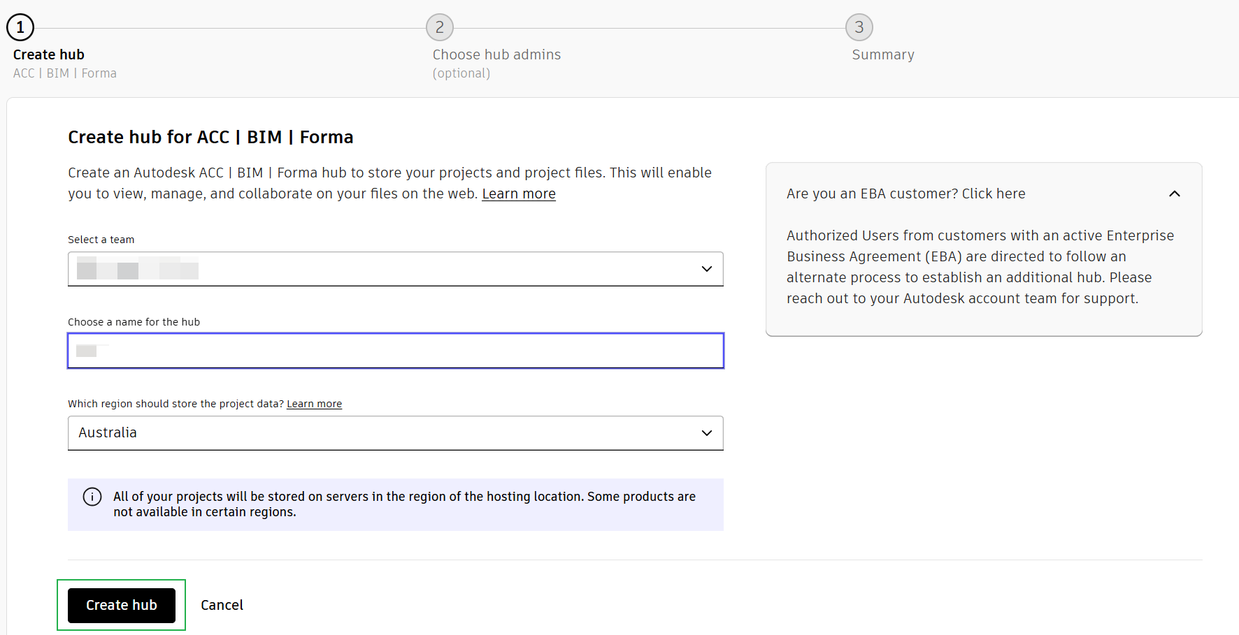 How to create a new Autodesk Forma hub
