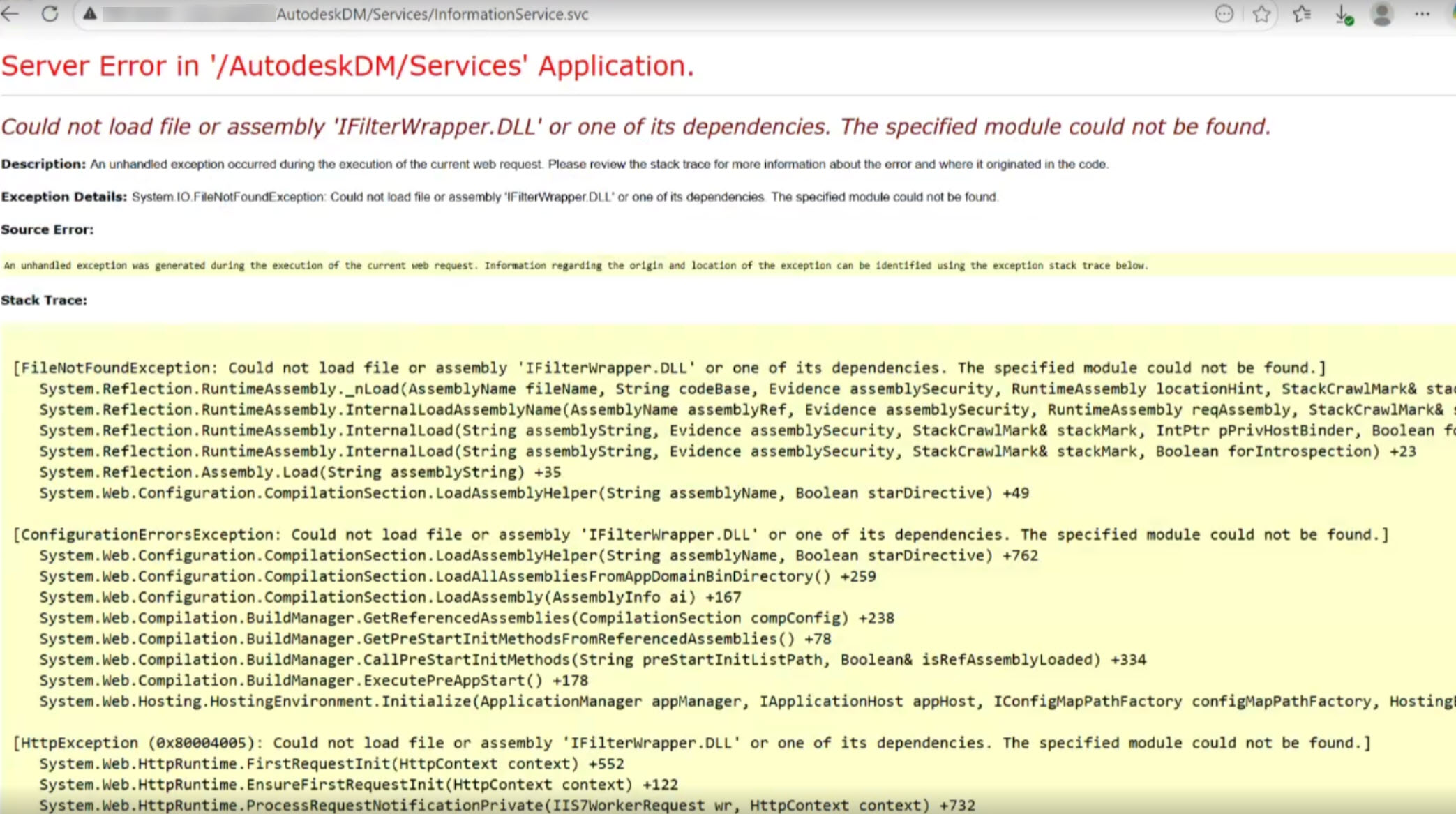 "Could not load file or assembly 'IFilterWrapper.dll or one of its ...
