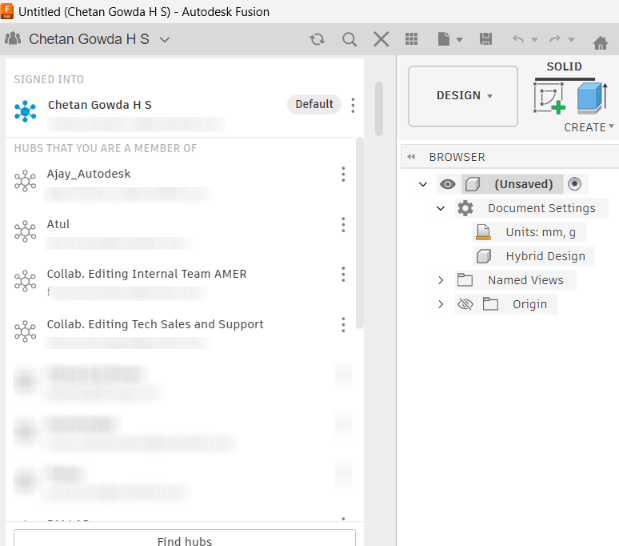 Autodesk Fusion hub switch in application