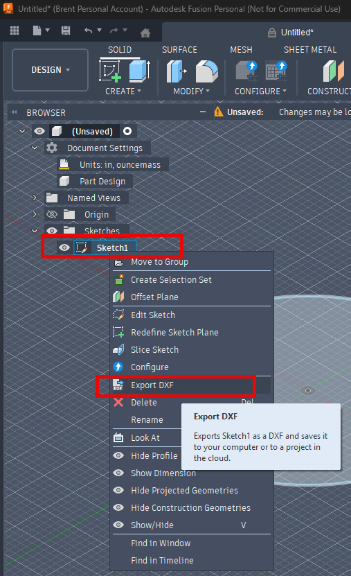 Autodesk Fusion for Personal Use export a sketch as a DXF file type.