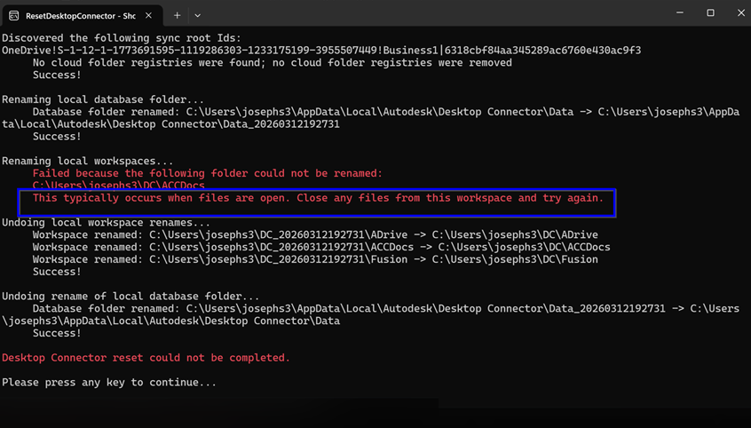 "Desktop Connector reset could not be completed" when resetting Desktop ...