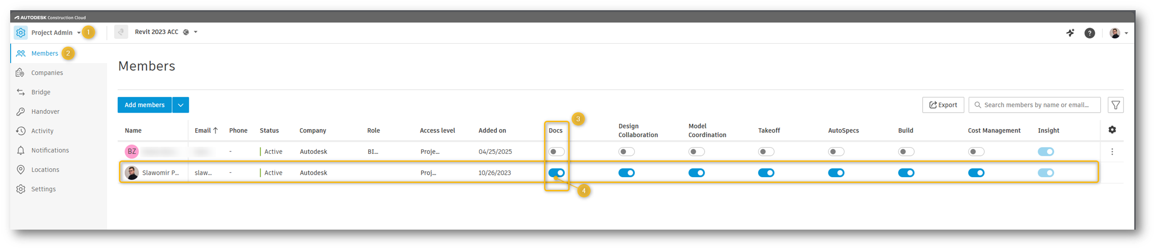 如何在 ACC 上为特定帐户/成员启用/激活 Autodesk Docs？