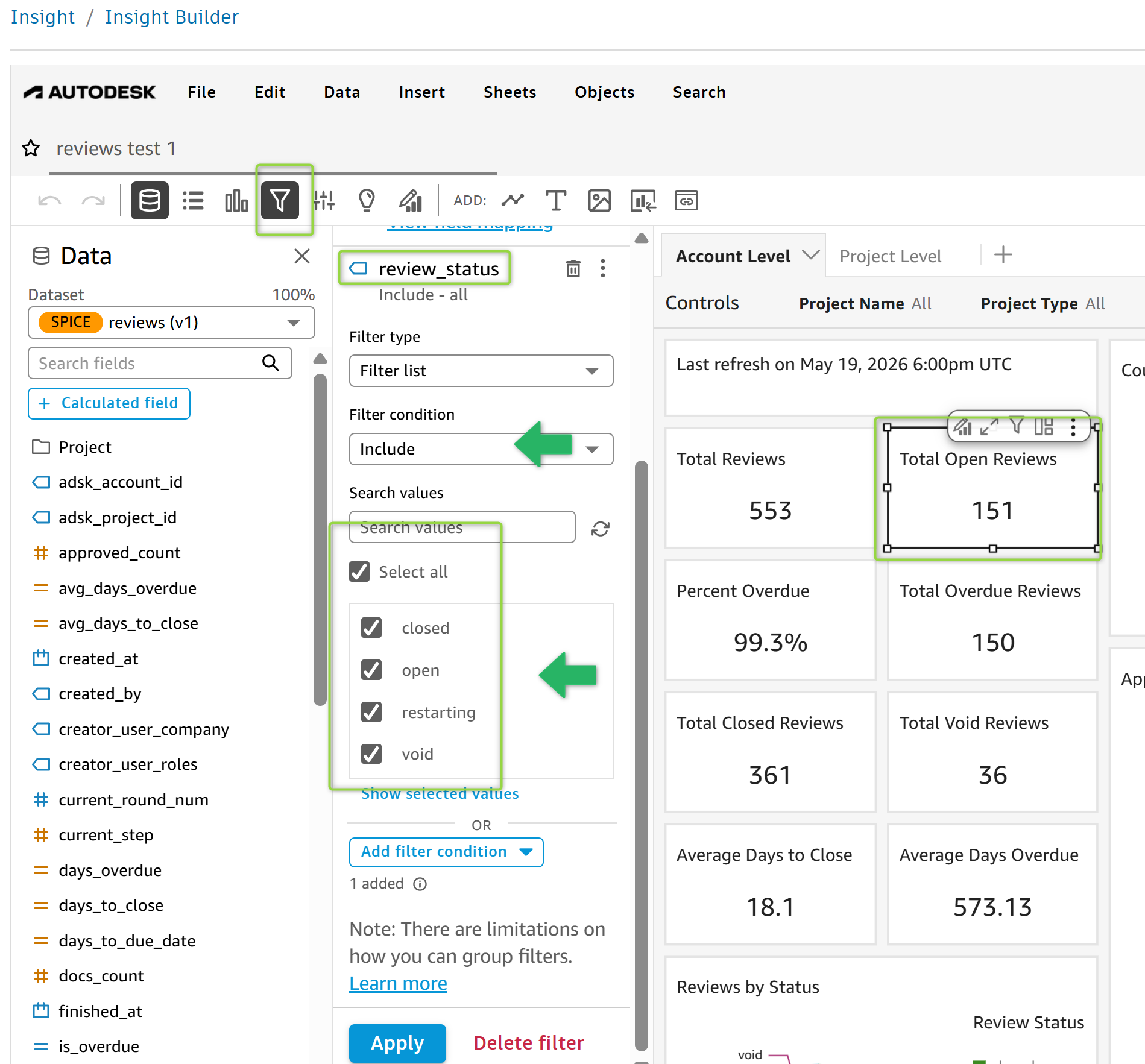 Insight Builder Autodesk Forma (旧称 ACC)のレビュー ダッシュボードで無効なレビューを除外することはできますか?