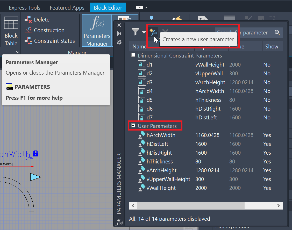 Creating blocks with dynamically changing sizes using parameters in AutoCAD