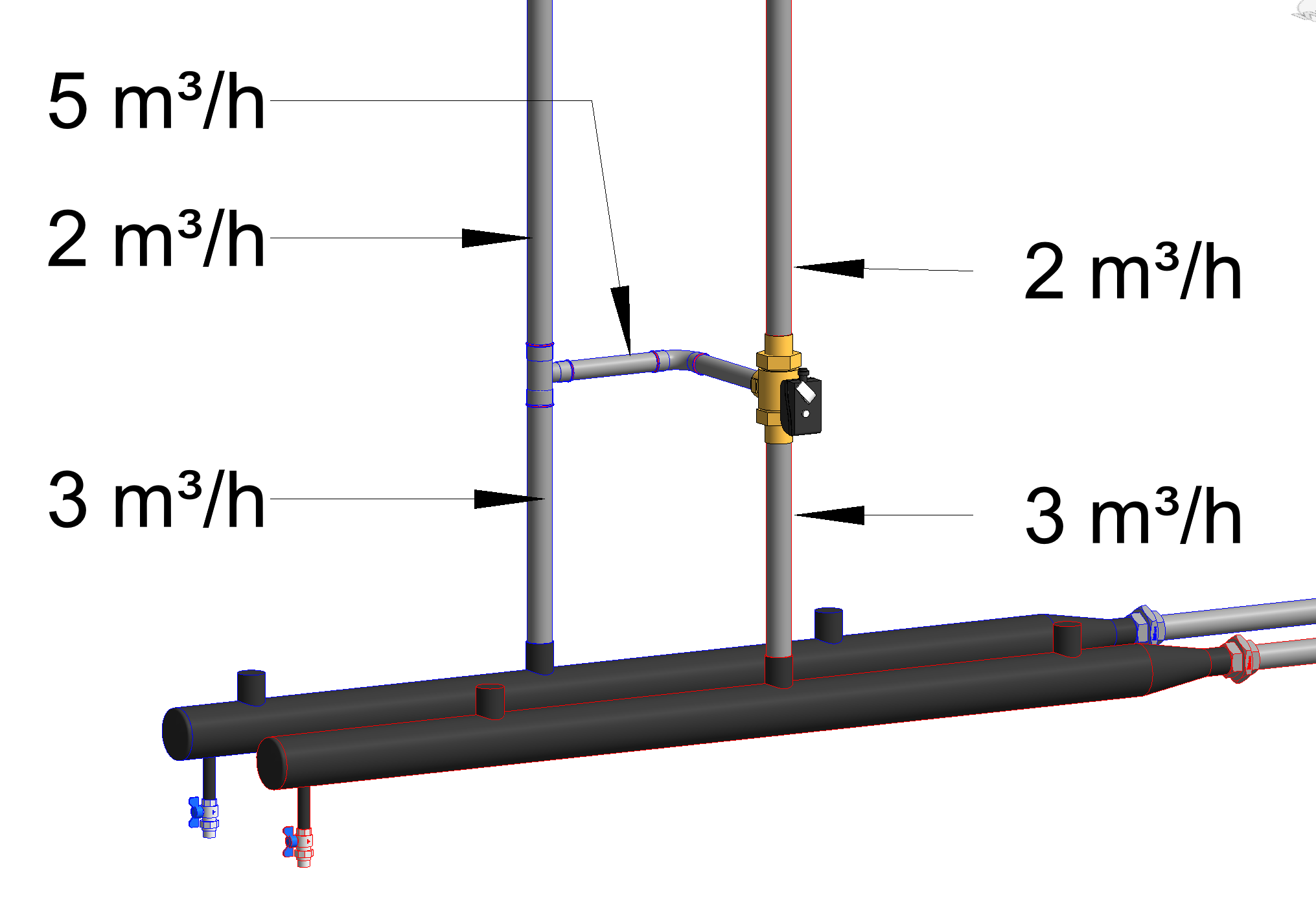 Three-way valve changes calculated flow rates when connected to supply ...