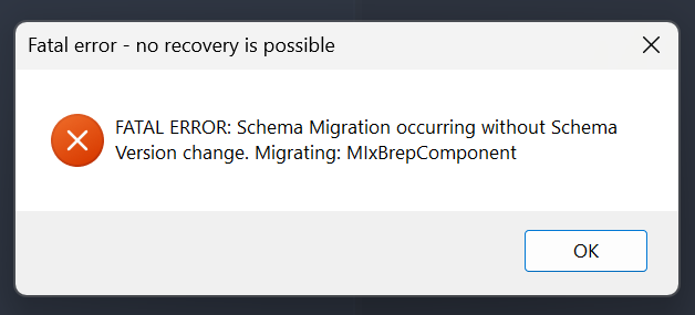 その他 Combined Disasters PSA7 INWO FATAL ERROR: Schema Migration occurring without Schema Version