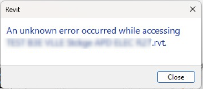 "An unknown error occurred while accessing .rvt" when synchronizing a ...