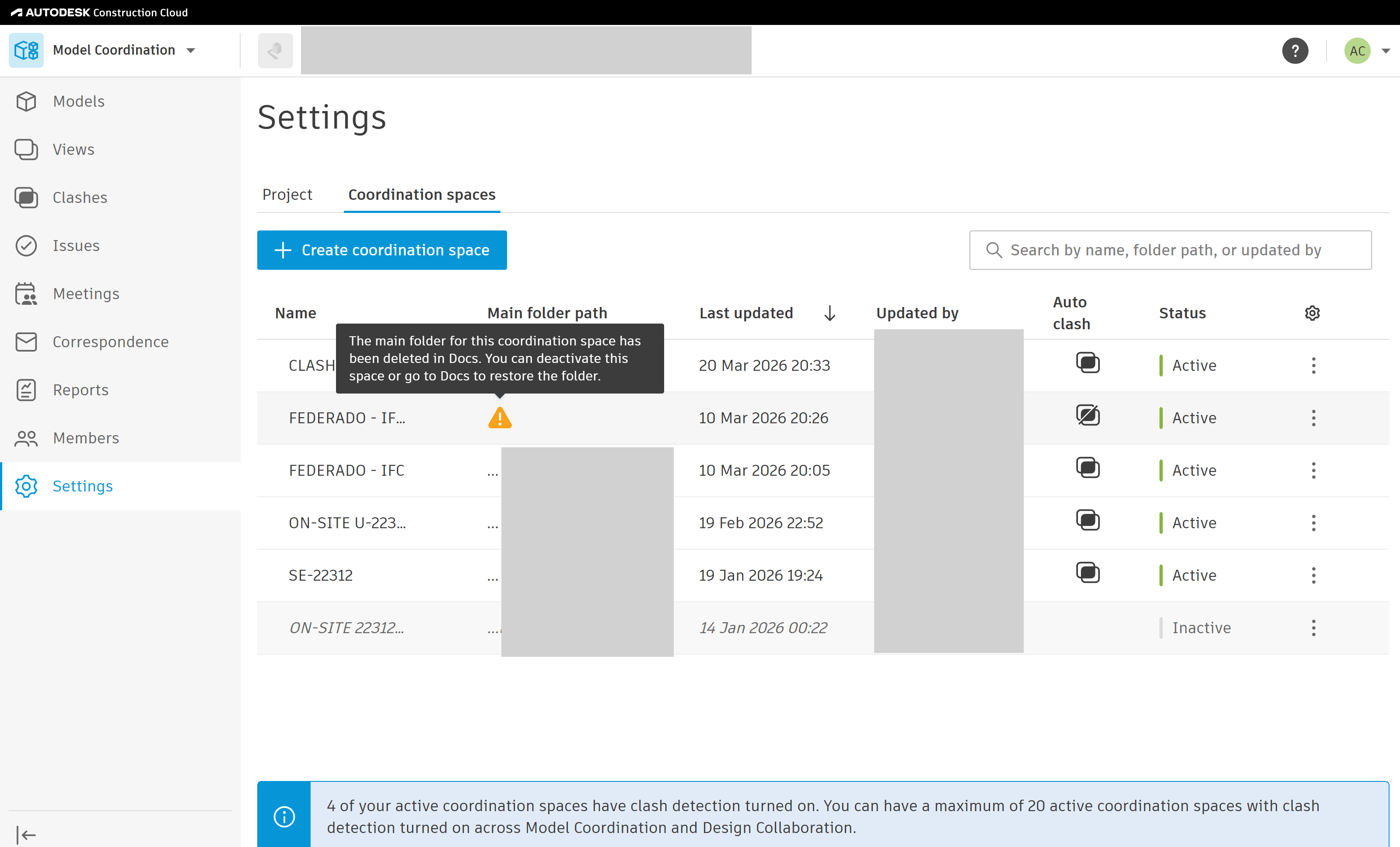Unable to deactivate coordination space in Autodesk Forma Model ...