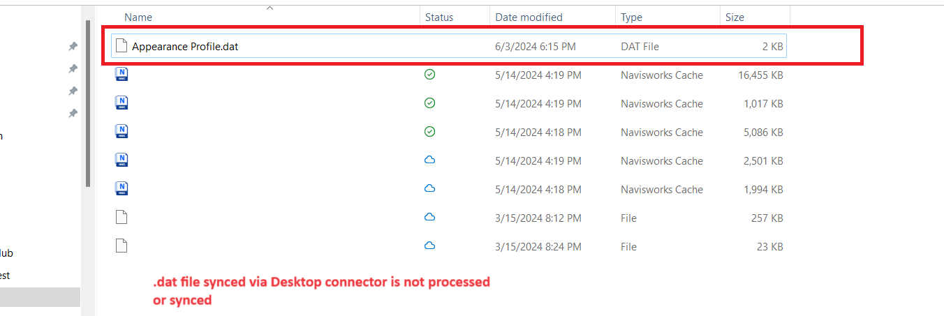 无法将 DAT 文件从 Desktop Connector 同步并备份到 Forma Data Management