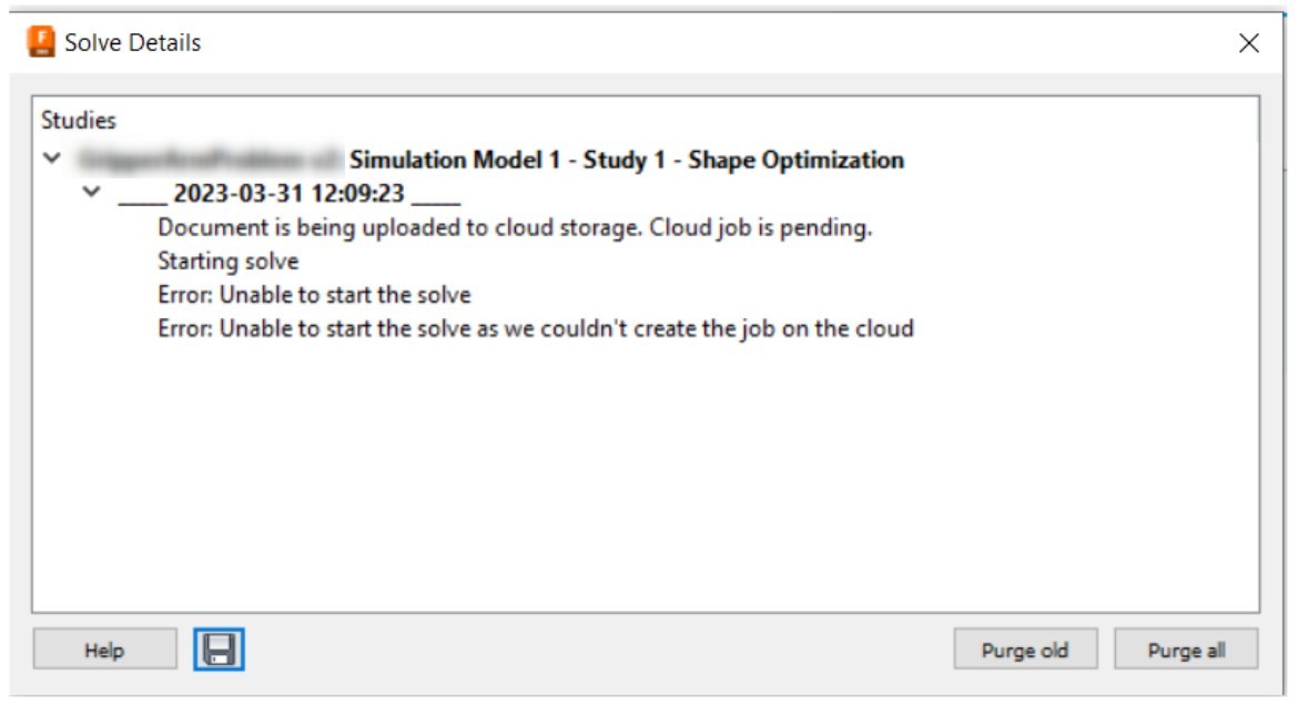 "Unable to start the solve as we couldn't create the job on the cloud ...