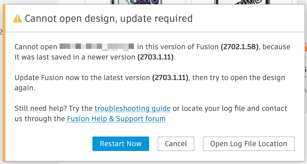 コメント受付　不可　リニューアル Autodesk Fusion で古いデザインを開くと「デザインを開けません。更新