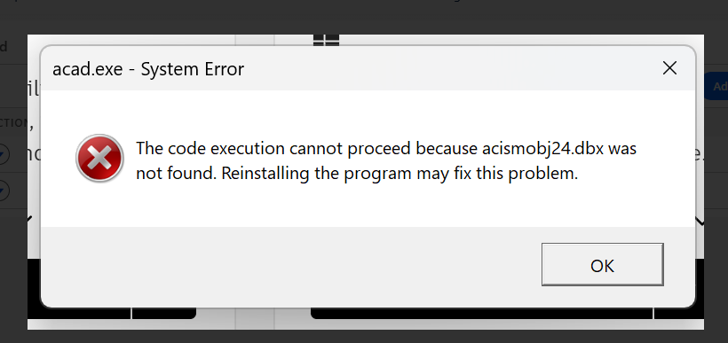 The code execution cannot proceed because acismobj24.dbx was not