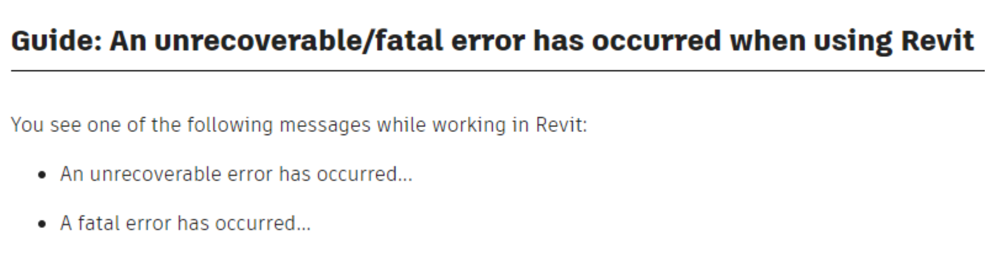 "An unrecoverable error has occurred…" when opening files in Revit