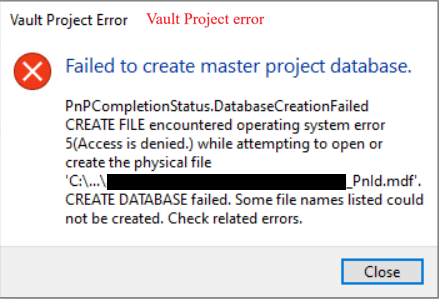 "Failed to create primary project database" when creating a Vault ...