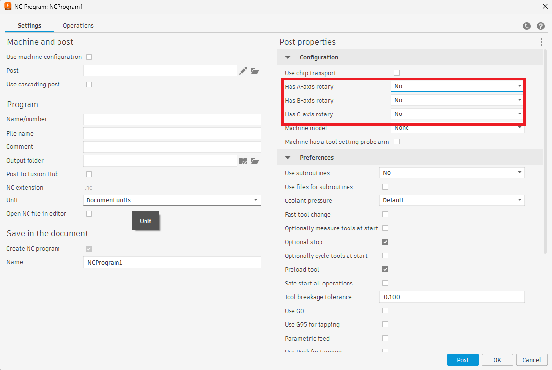 "This postprocessor requires a machine configuration for 5-axis ...
