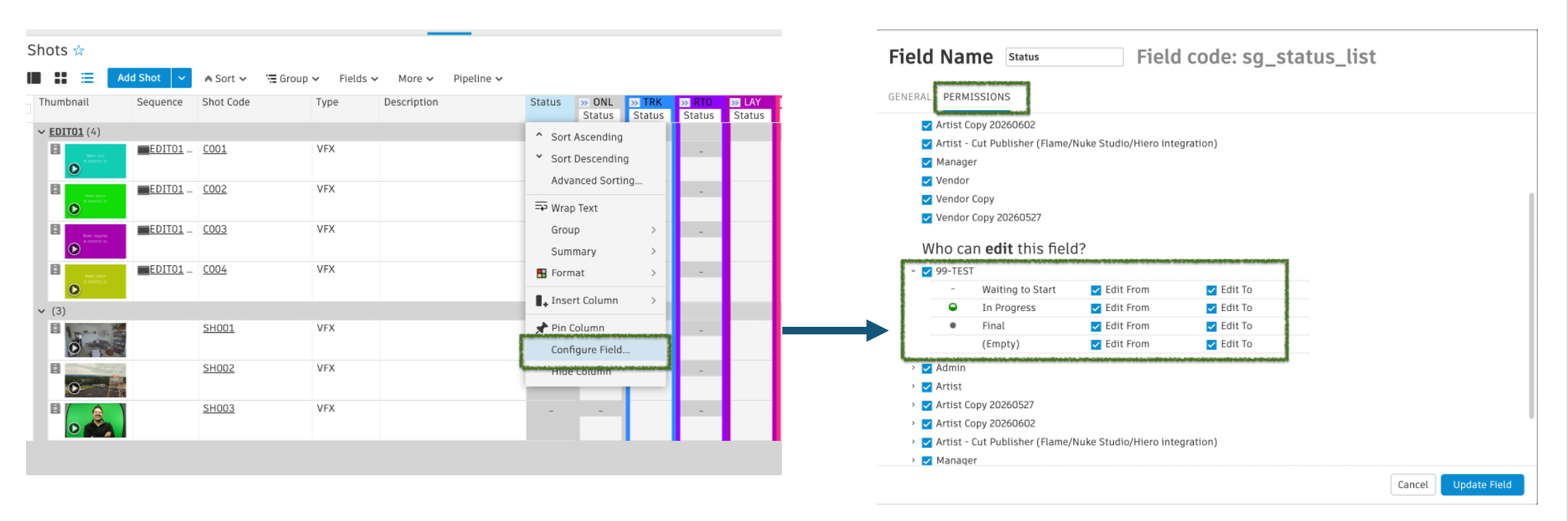 Flow Production Trackingのユーザ権限設定で編集権限オン・オフ設定の