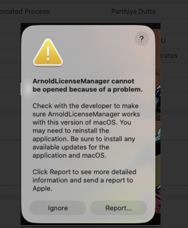 macOS で Arnold を起動すると、「問題があるため