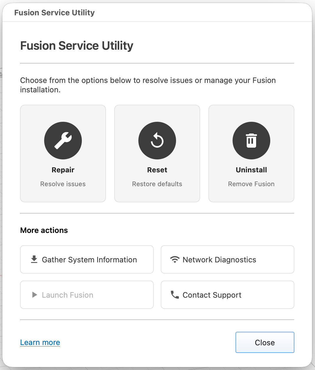 Fusion Service Utility menu