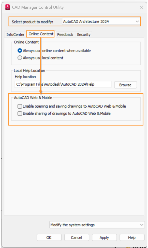 どうすれば、AutoCAD 製品で Web およびモバイルに開く/保存を無効に