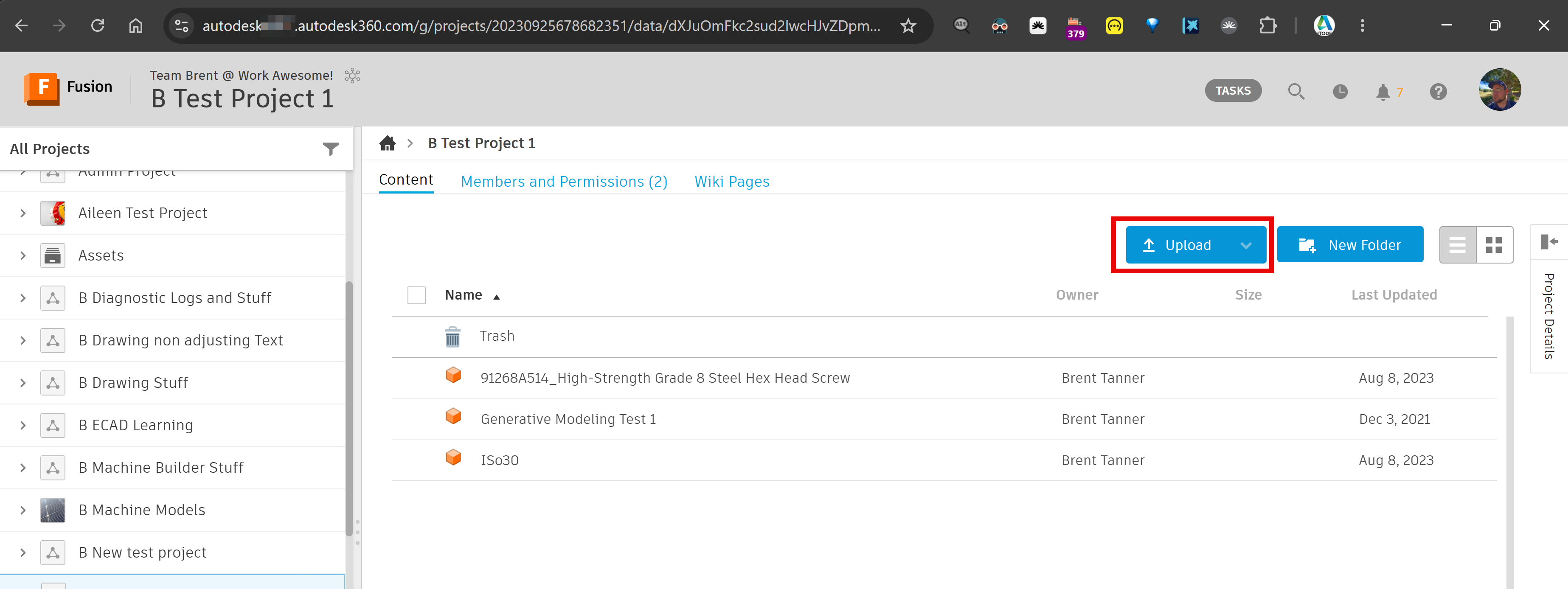Autodesk Fusion Hub webpage: Location of the Upload button.