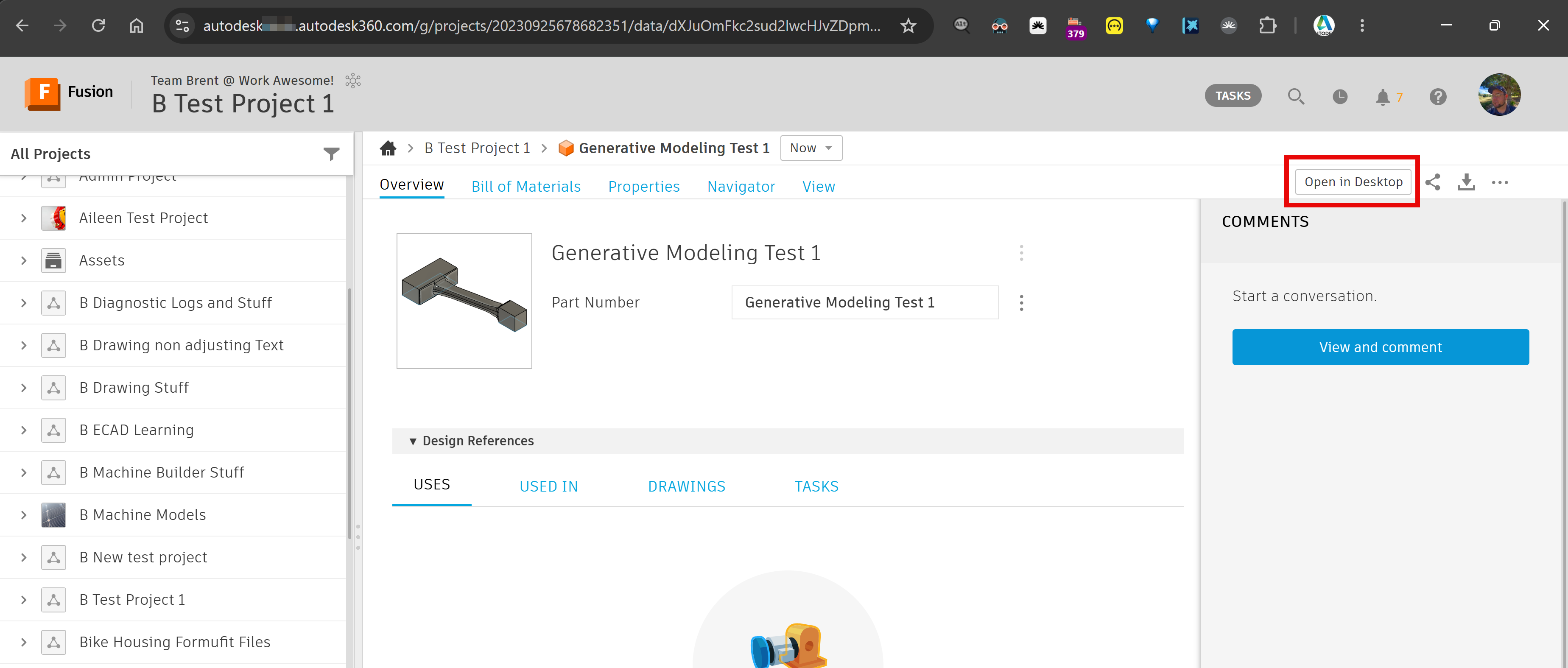 Autodesk Fusion Hub webpage: Location of the Open in Desktop button.